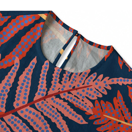 Women's art shirt with red fern design, eco-friendly fabric