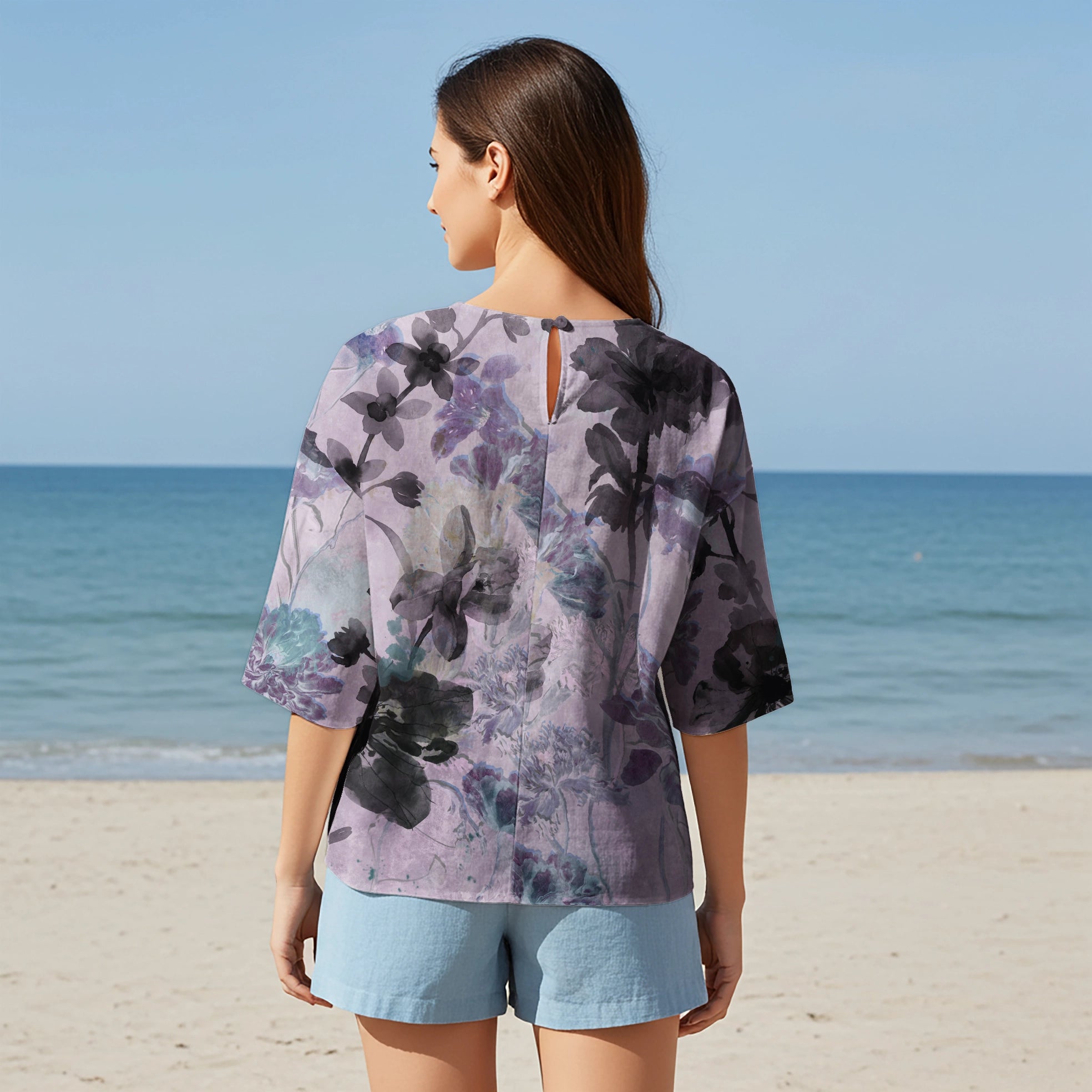 Women Casual Blouse Elbow Sleeve Round Neck Button-Back 95% Lyocell, 5% Linen Purple Aloha Ink Purple Floral Haven