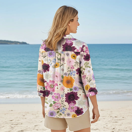 Women Casual Blouse 3/4 Sleeve V-neck Shirt Collar 100% Lyocell Purple Aloha Powdery Purple Allure