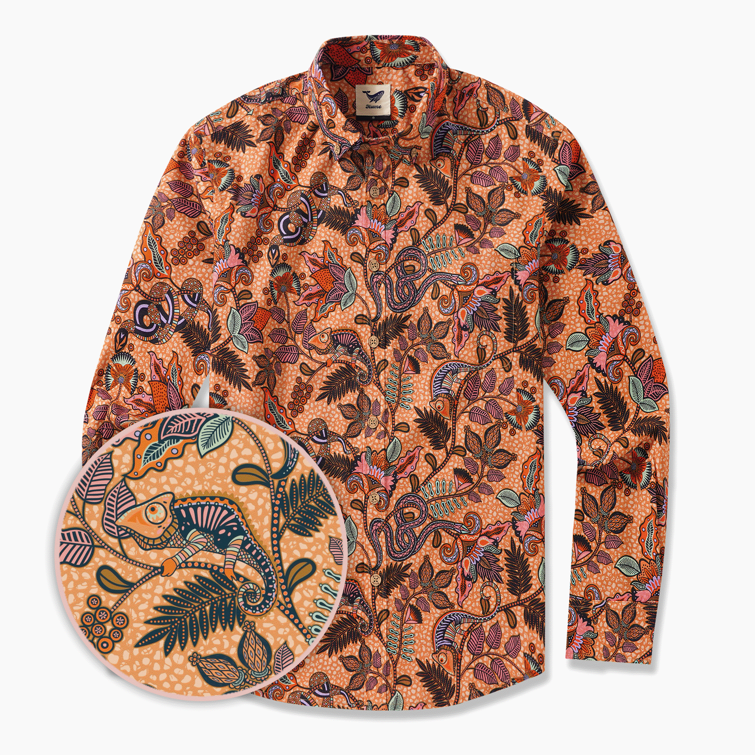 Men's Hawaiian Shirt Long Sleeve Button-down 100% Cotton Black Aloha Chameleon Ankara