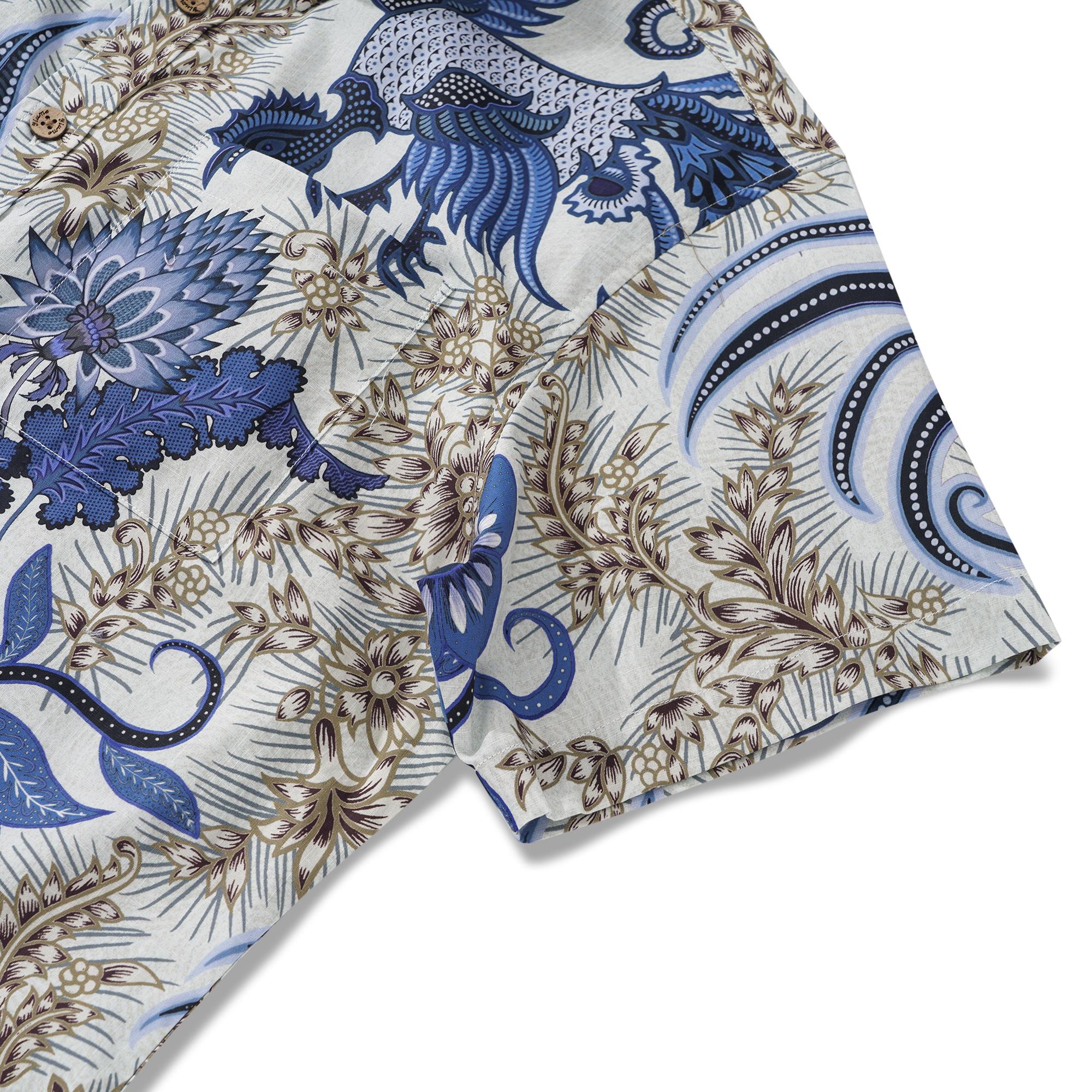 Herren-Hawaiian-Hemd Kurzärmel Button 100% Baumwollblau Aloha Blue Blumen Phoenix