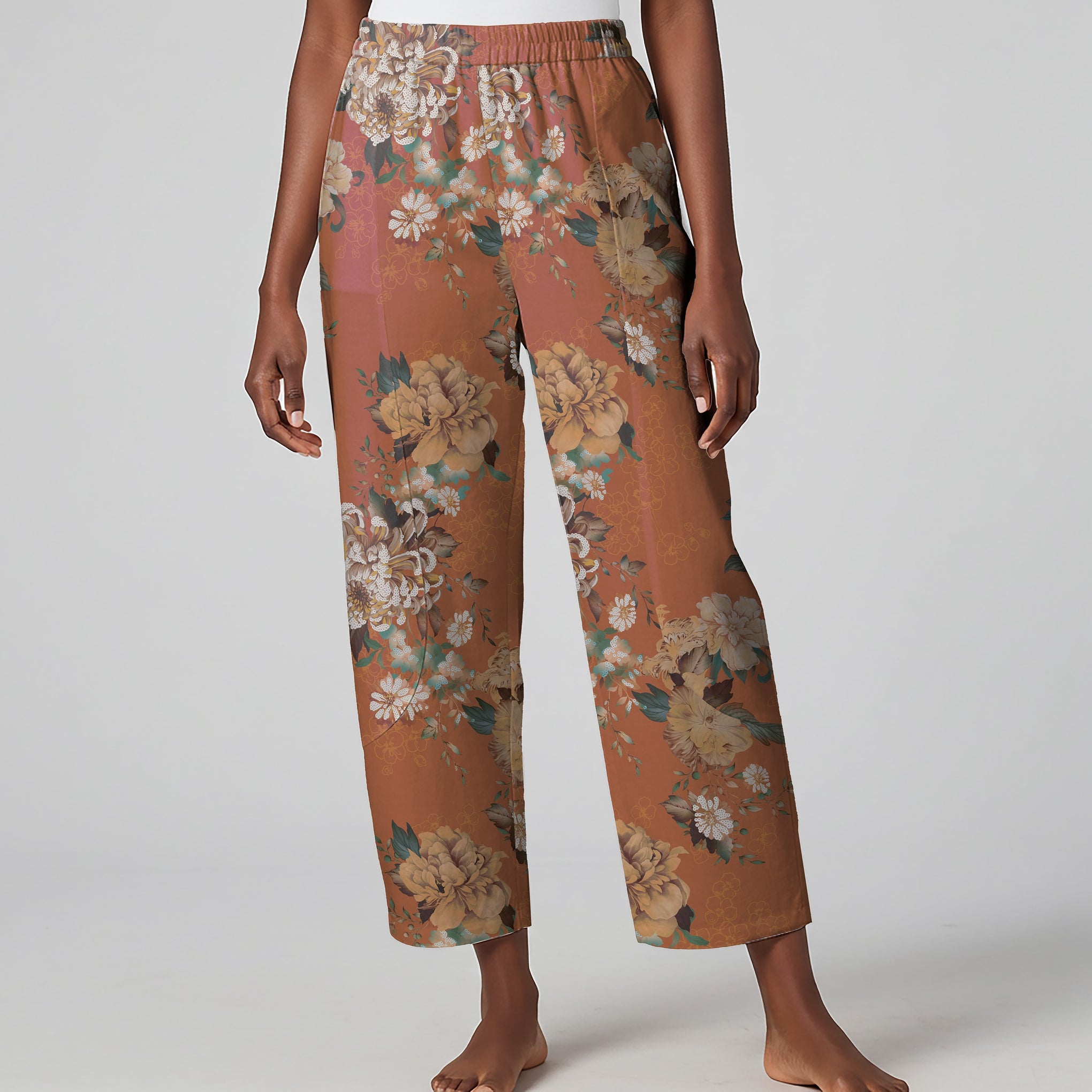 Women Casual Ankle Pants Lounge Elastic Waist with Pockets 93% Lyocell, 7% Linen Brown Aloha Warm Brown Floral Charm