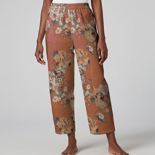 Women Casual Ankle Pants Lounge Elastic Waist with Pockets 93% Lyocell, 7% Linen Brown Aloha Warm Brown Floral Charm
