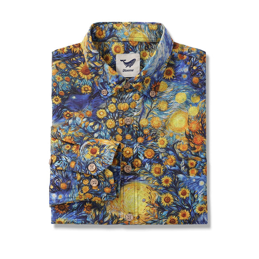 Langärmliges Hawaiian Hemd für Herren Van Gogh Sonnenblume Baumwolle Knopf-down Aloha Hemd