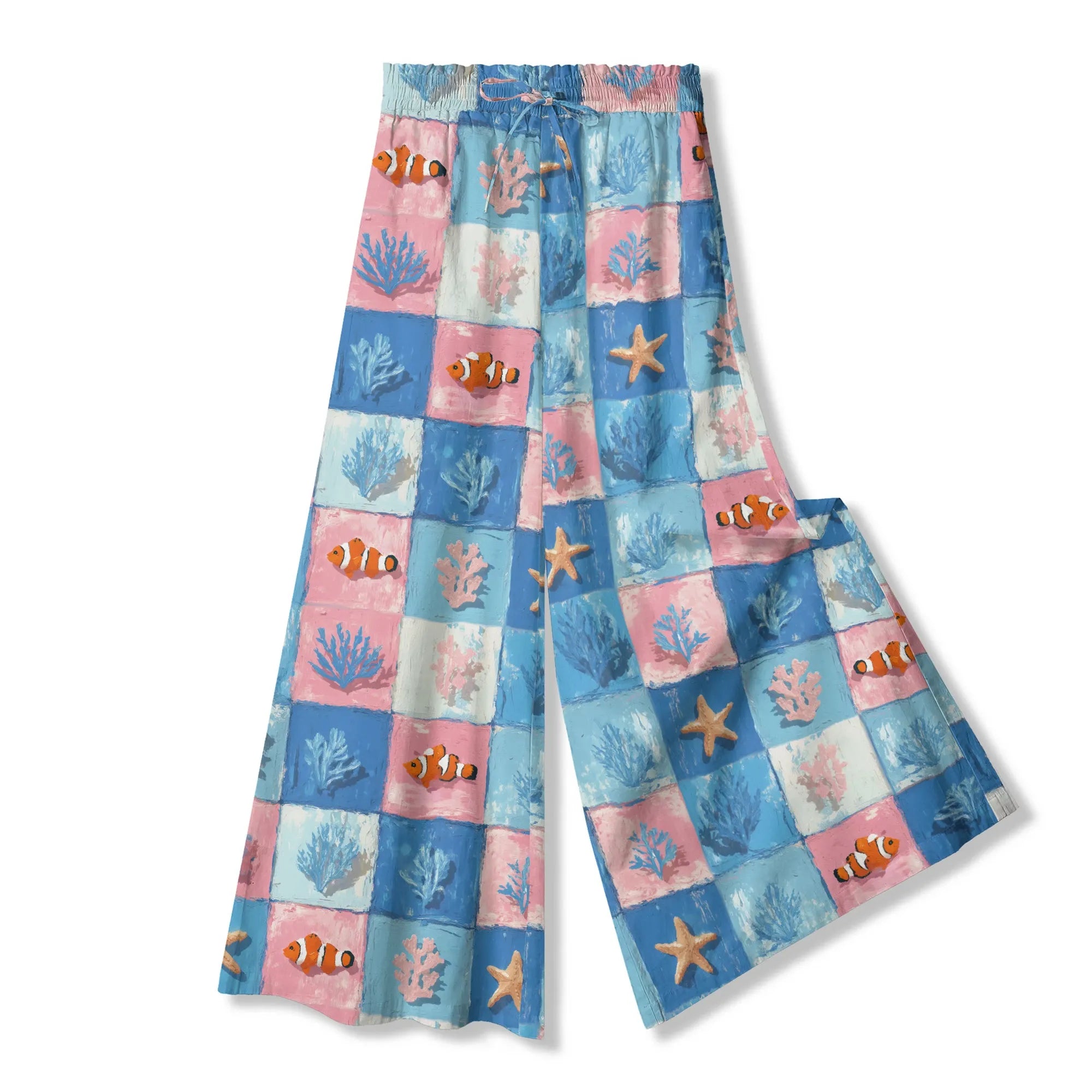 Back view of Blue Aloha Oceanic Chessboard Women's Palazzo Pants