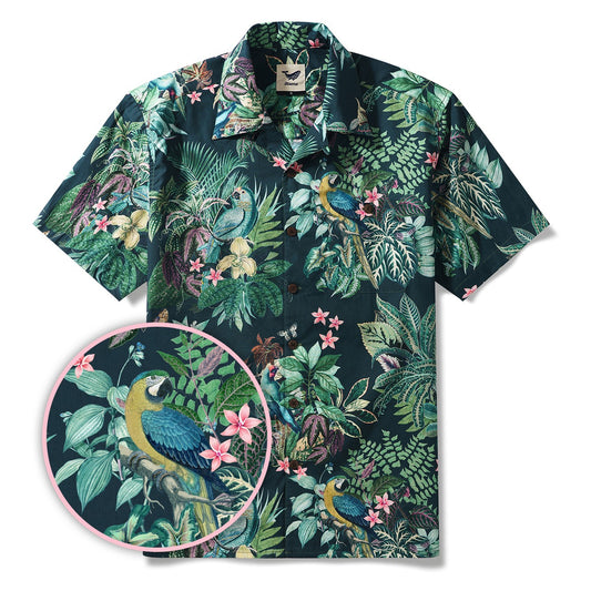 Chemise hawaïenne verte vintage à motif de perroquet tropical pour homme, 100 % coton, à manches courtes, col camp, chemise Aloha.