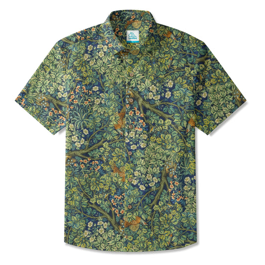 LeosWare® Men's Hawaiian Shirt Short Sleeve Button-up 100% Cotton Green Aloha Jungle Wonderland Art