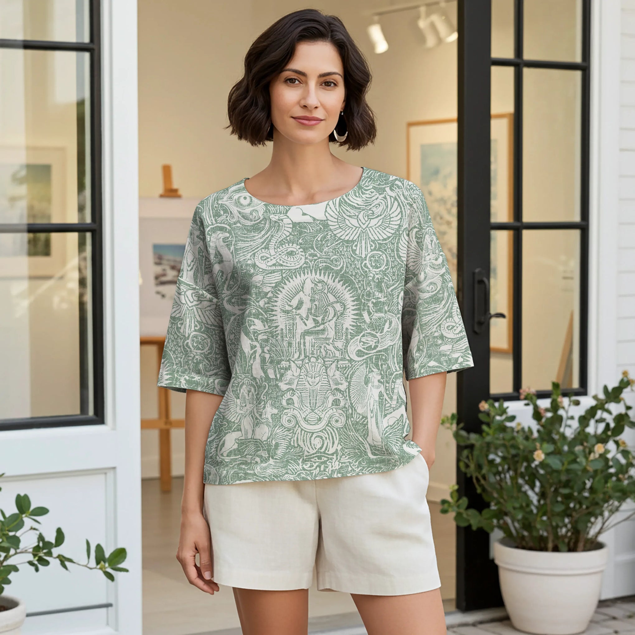 Women Casual Blouse 3/4 Sleeve Crew Neck 76% Lyocell, 24% Nylon Green Aloha Egyptian Myths