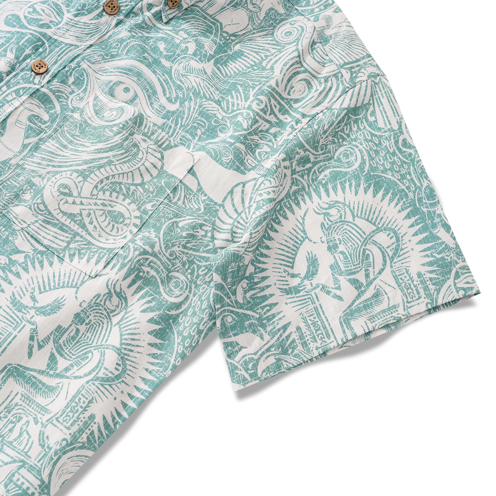Chemise hawaïenne masculine à manches courtes à manches courtes 100% coton vert alloha mythes égyptiens