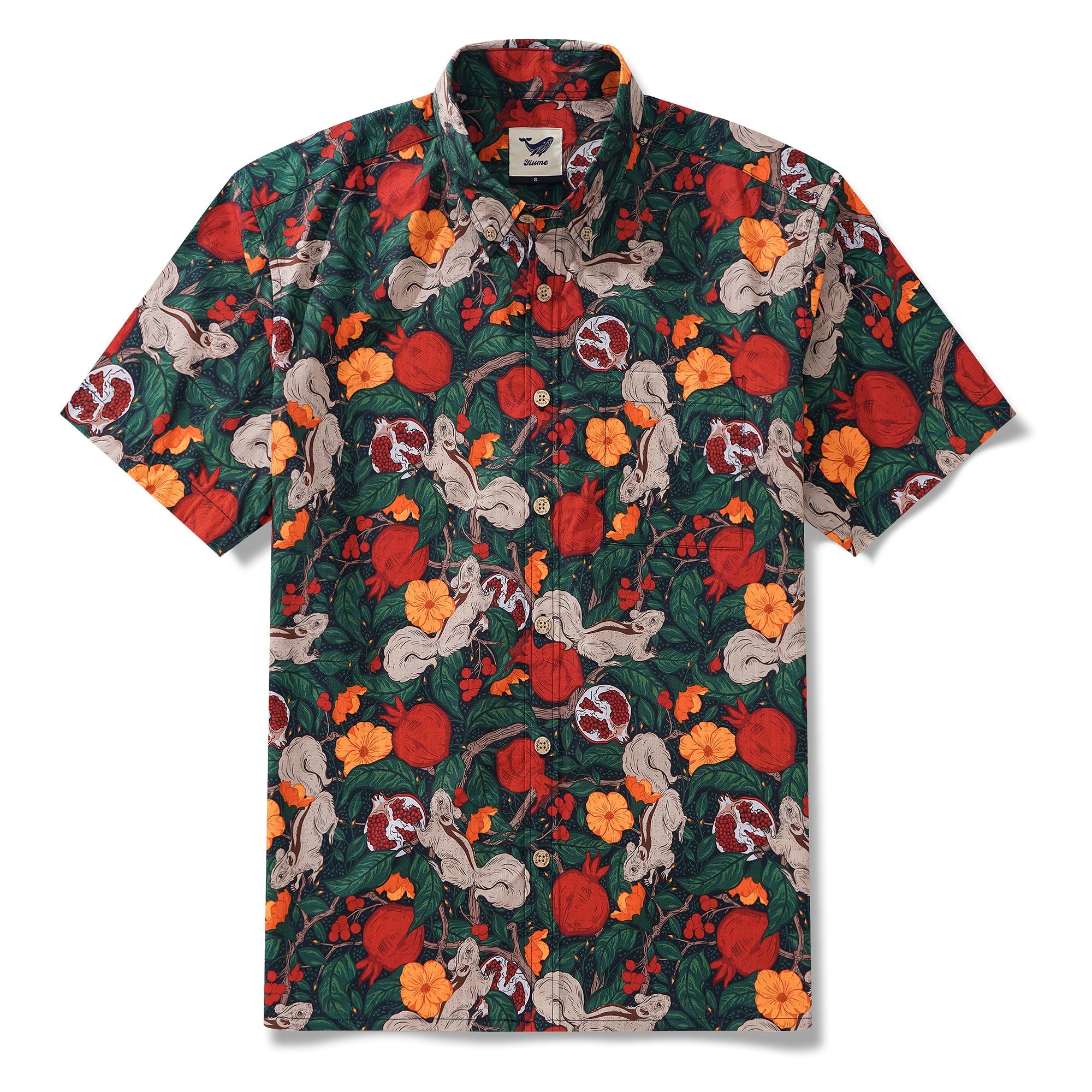 Herren-Hawaiian-Hemd Kurzärmel Button 100% Baumwollgrün Aloha Granatapfelhain von Pallavi Chaudhary