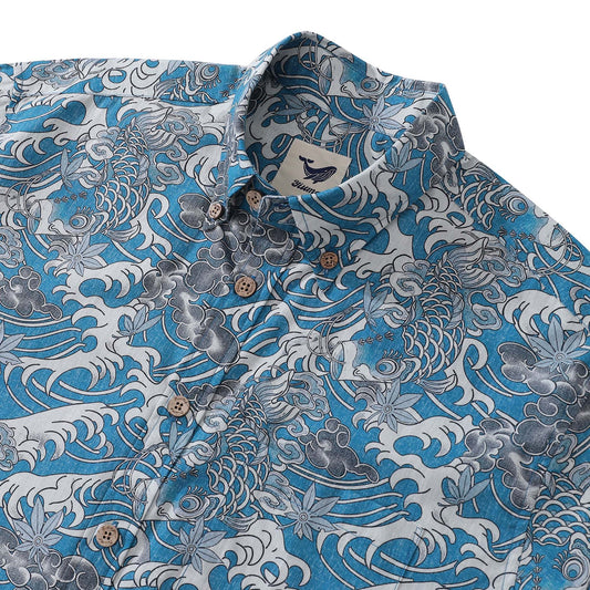 Koi waves design on men's cotton Hawaiian shirt, short sleeve