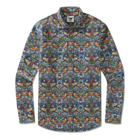 Langärmliges Hawaiian Hemd für Herren Strawberry Thief Designer Morris Baumwoll-Knopfhemd Aloha Shirt