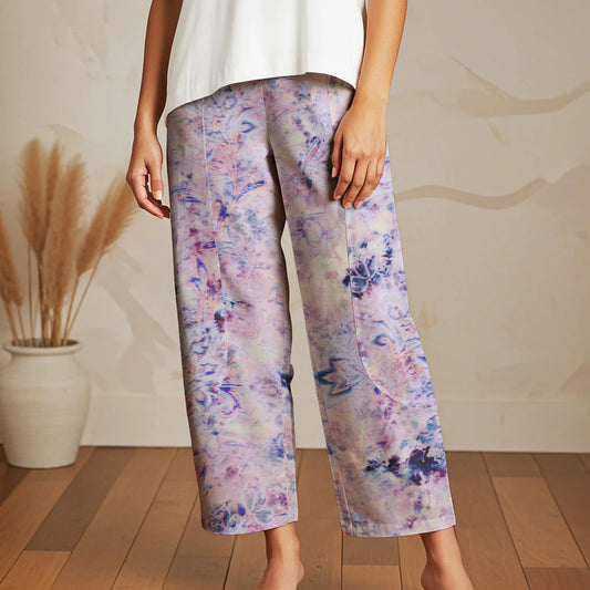 Women Casual Ankle Pants Lounge Elastic Waist with Pockets 93% Lyocell, 7% Linen Purple Aloha Bohemian Vintage Charm