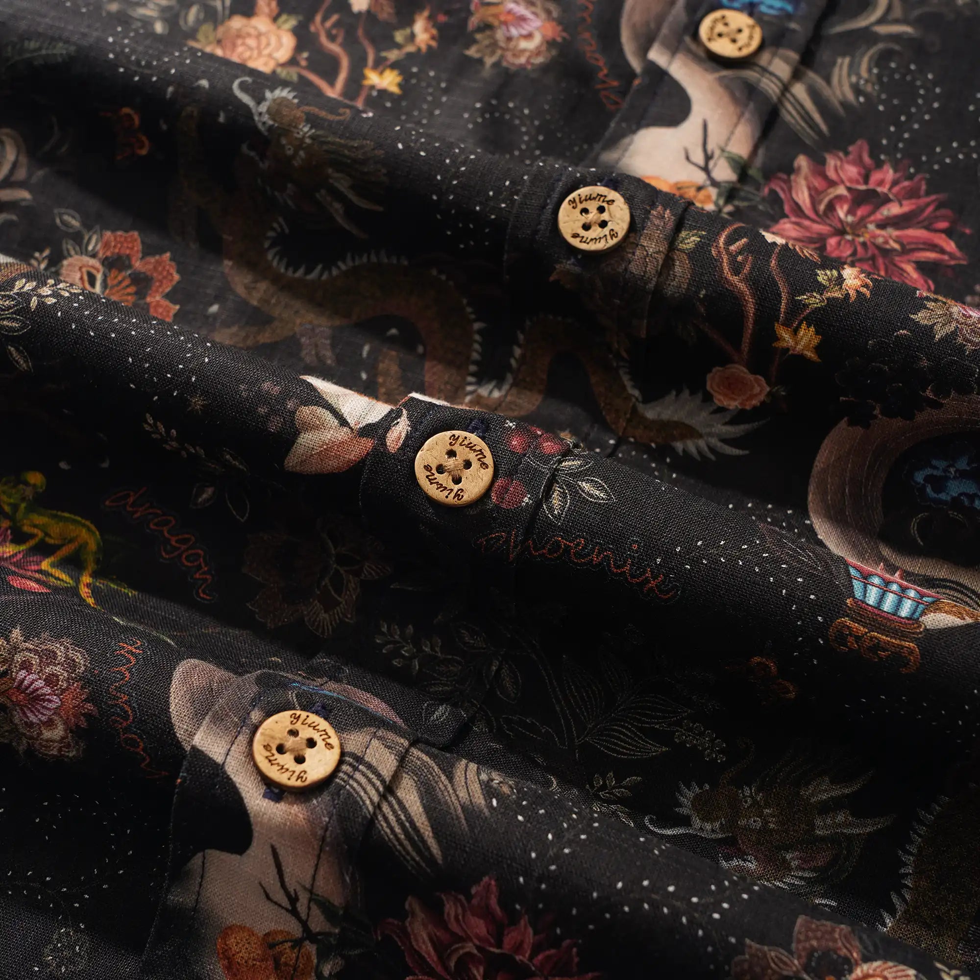 Men's Hawaiian Shirt Long Sleeve Button-down 100% Cotton Black Aloha Ink Charm Eastern Dream