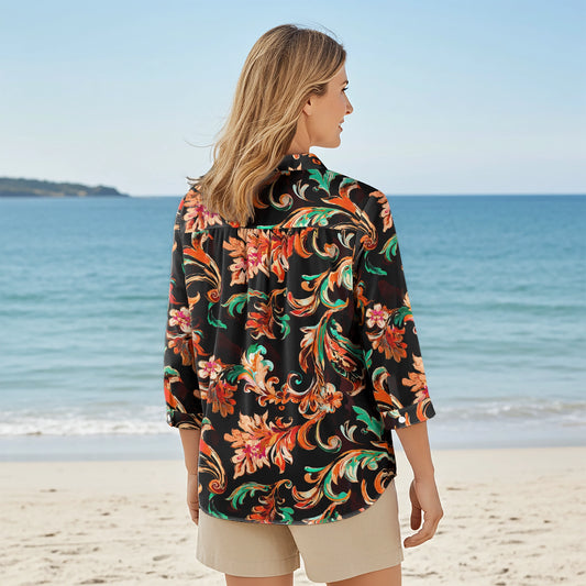 Women Casual Blouse 3/4 Sleeve V-neck Shirt Collar 100% Lyocell Brown Aloha Fiery Blossoms