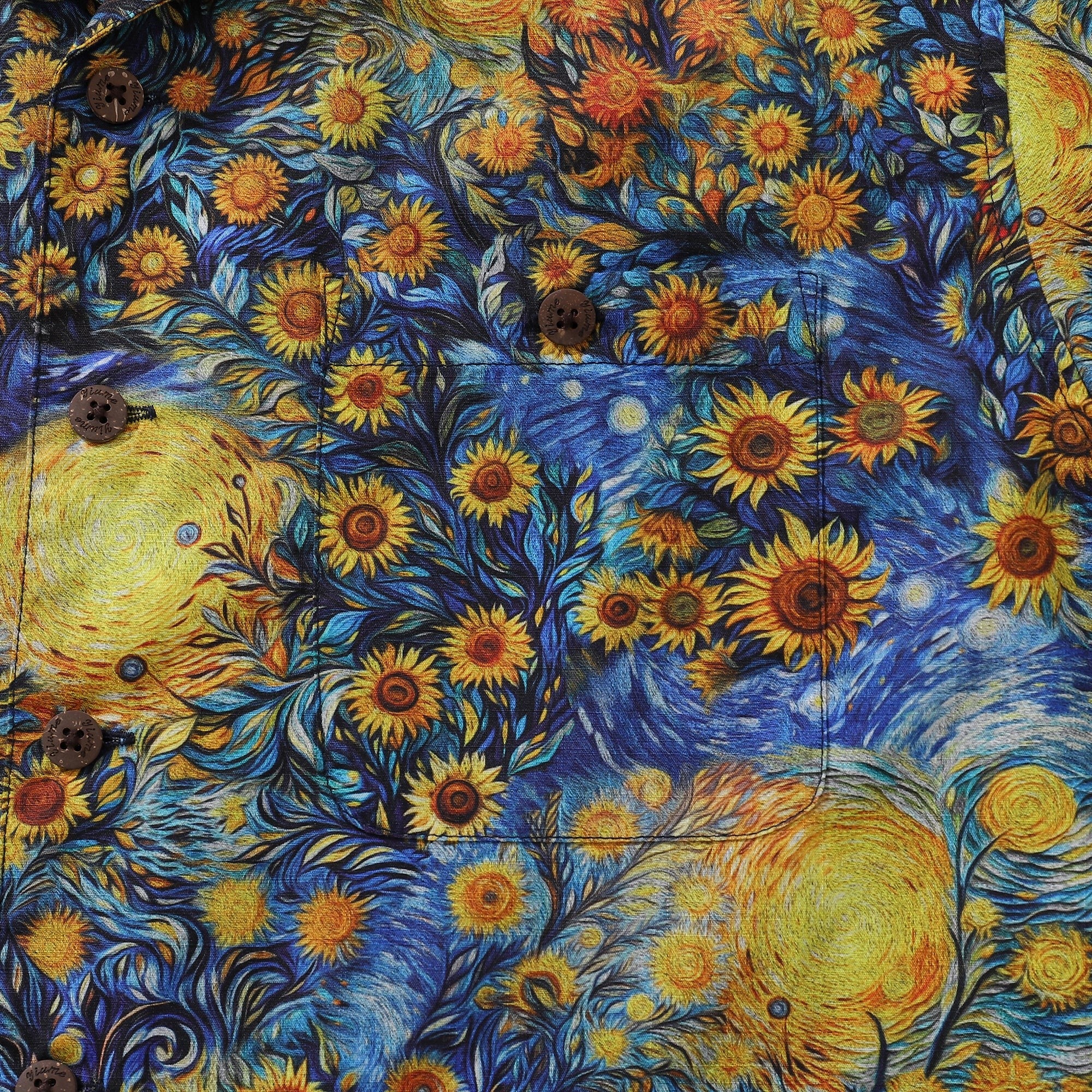 1960er Vintage Hawaiian Shirt für Männer Van Gogh Sonnenblumen Shirt 100% Baumwolle Camp-Kragen Shirt