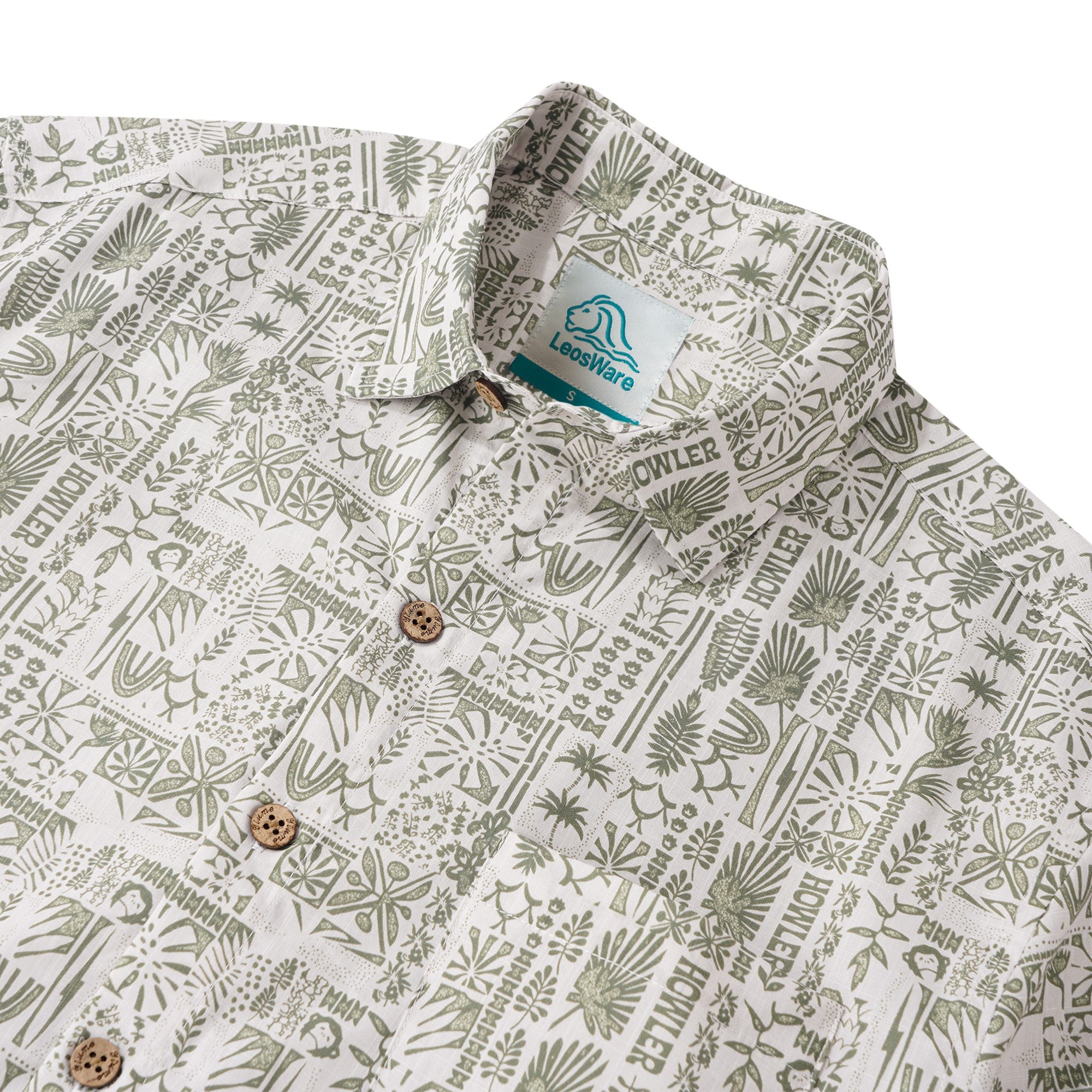 LeosWare® Men's Hawaiian Shirt Short Sleeve Button-up 100% Cotton Green Aloha Fresh Tropical Plant Art Collage Painting