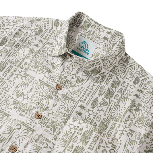 LeosWare® Men's Hawaiian Shirt Short Sleeve Button-up 100% Cotton Green Aloha Fresh Tropical Plant Art Collage Painting