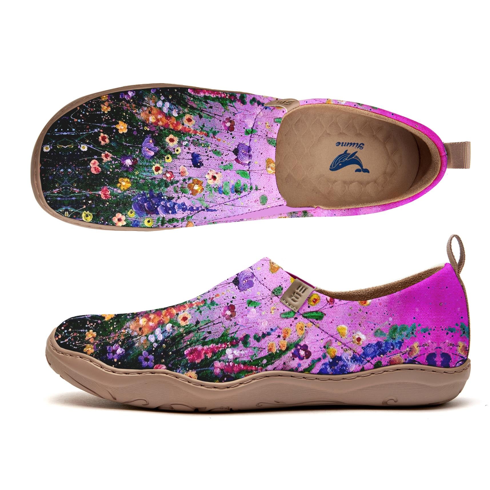 Yiume Frauenkunst Slip-on lässige Leinwandschuhe rosa Hibiscus Blüte gemalt, 100% Baumwollviolette Sternenhimmelblüte