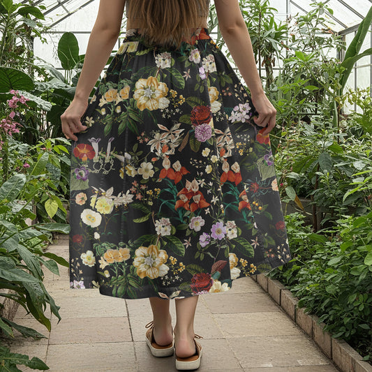 Women Casual Maxi Skirt Long Elastic Waist with Pockets 100% Cotton Black Aloha Night Banquet Blossoms