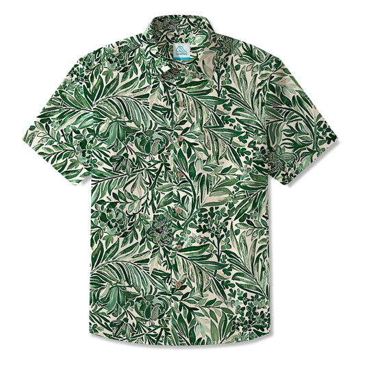 LeosWare® Men's Hawaiian Shirt Short Sleeve Button-up 100% Cotton Green Aloha Vintage Green Leaves