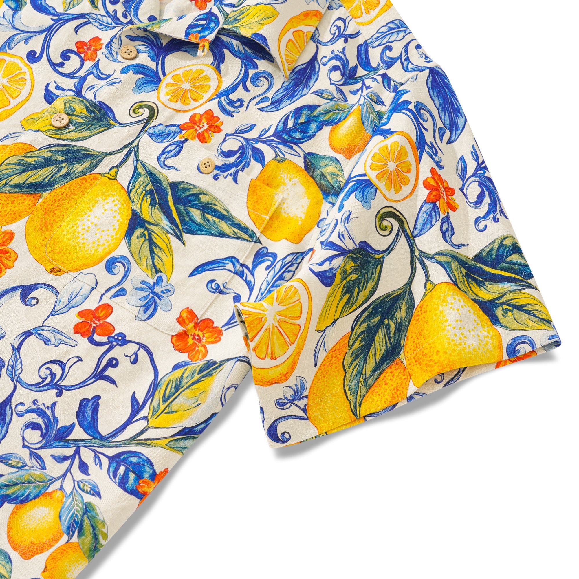 100% Silk Men's Hawaiian Shirt Short Sleeve Camp Collar 100% Silk Blue Aloha Sunlit Lemons