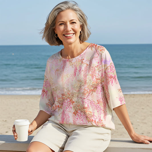 Women Casual Blouse Elbow Sleeve Round Neck Button-Back 100% Lyocell Aloha Romantic Pink Vine