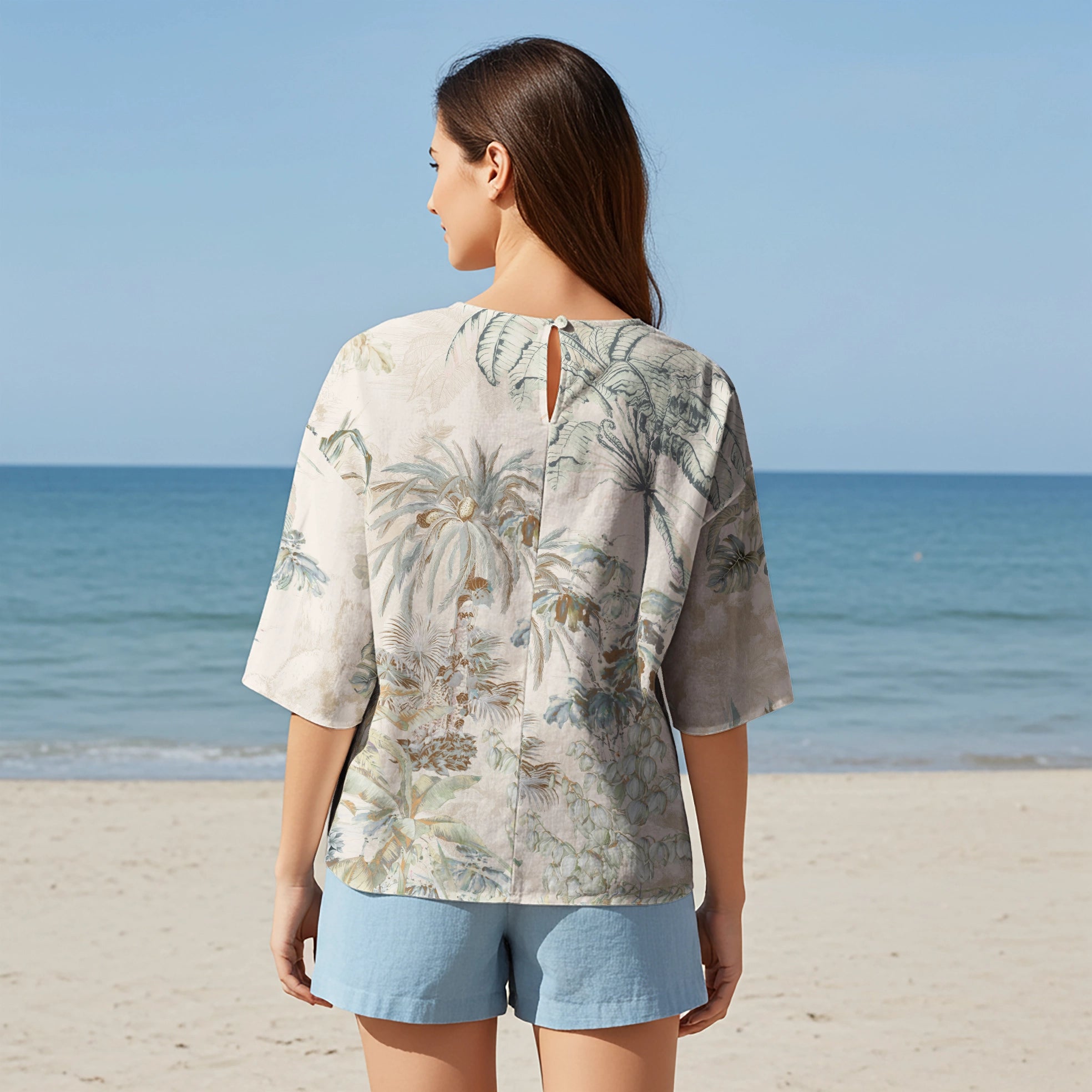 Women Casual Blouse Elbow Sleeve Round Neck Button-Back 95% Lyocell, 5% Linen Green Aloha Green Oasis