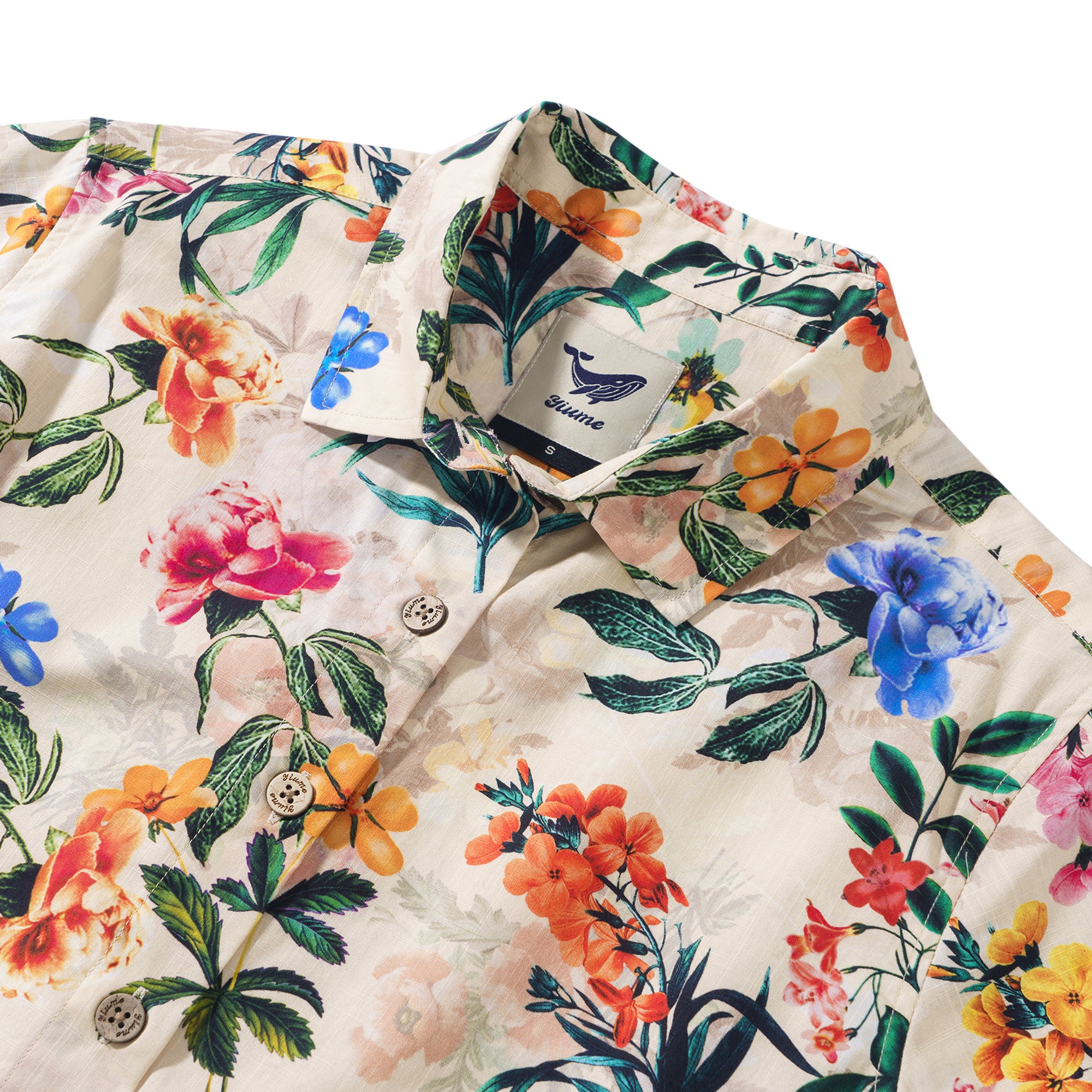 Radiance Florale Chemise à Manches Courtes Boutonnée 100% Coton pour Femmes Beige Aloha Hawaïenne