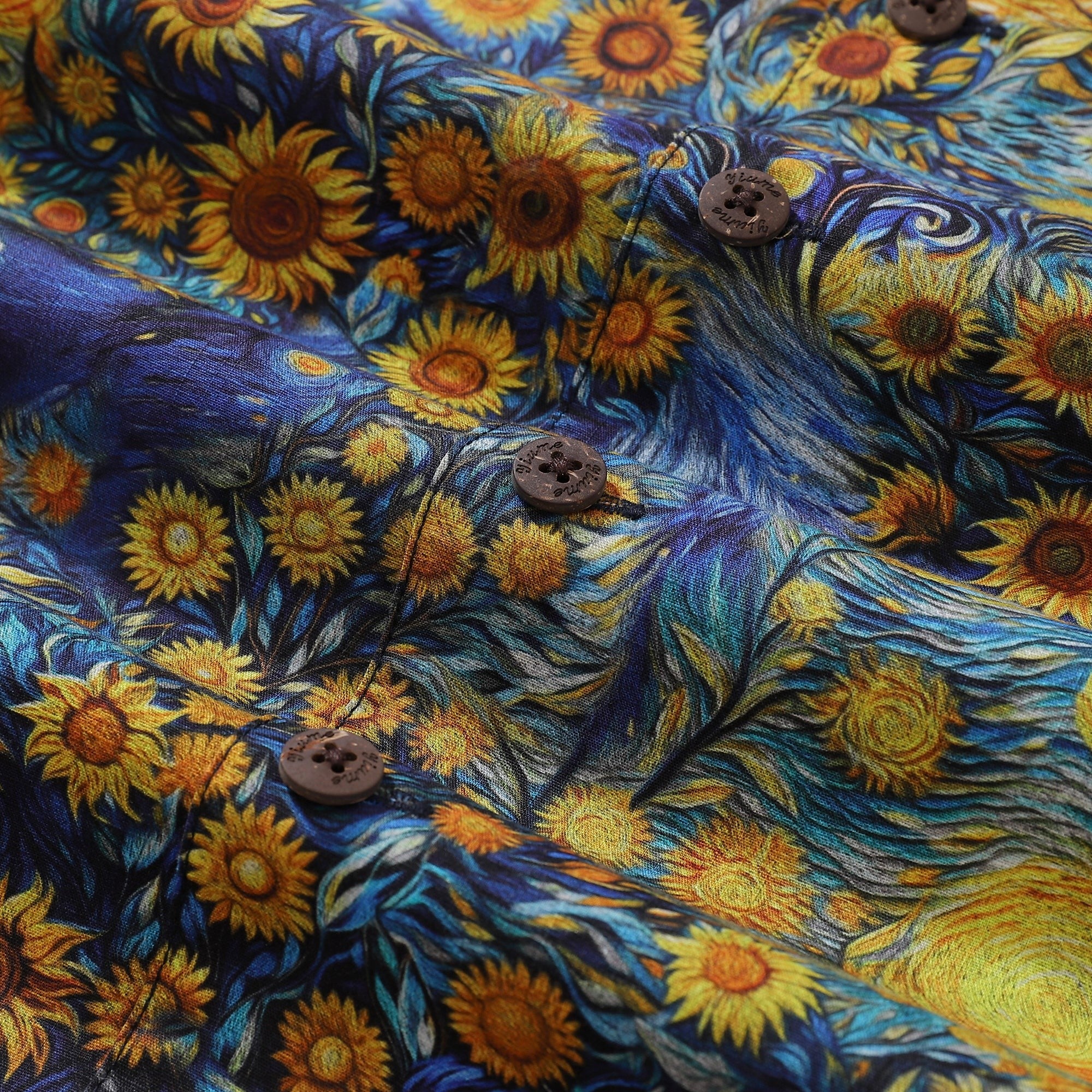 1960er Vintage Hawaiian Shirt für Männer Van Gogh Sonnenblumen Shirt 100% Baumwolle Camp-Kragen Shirt