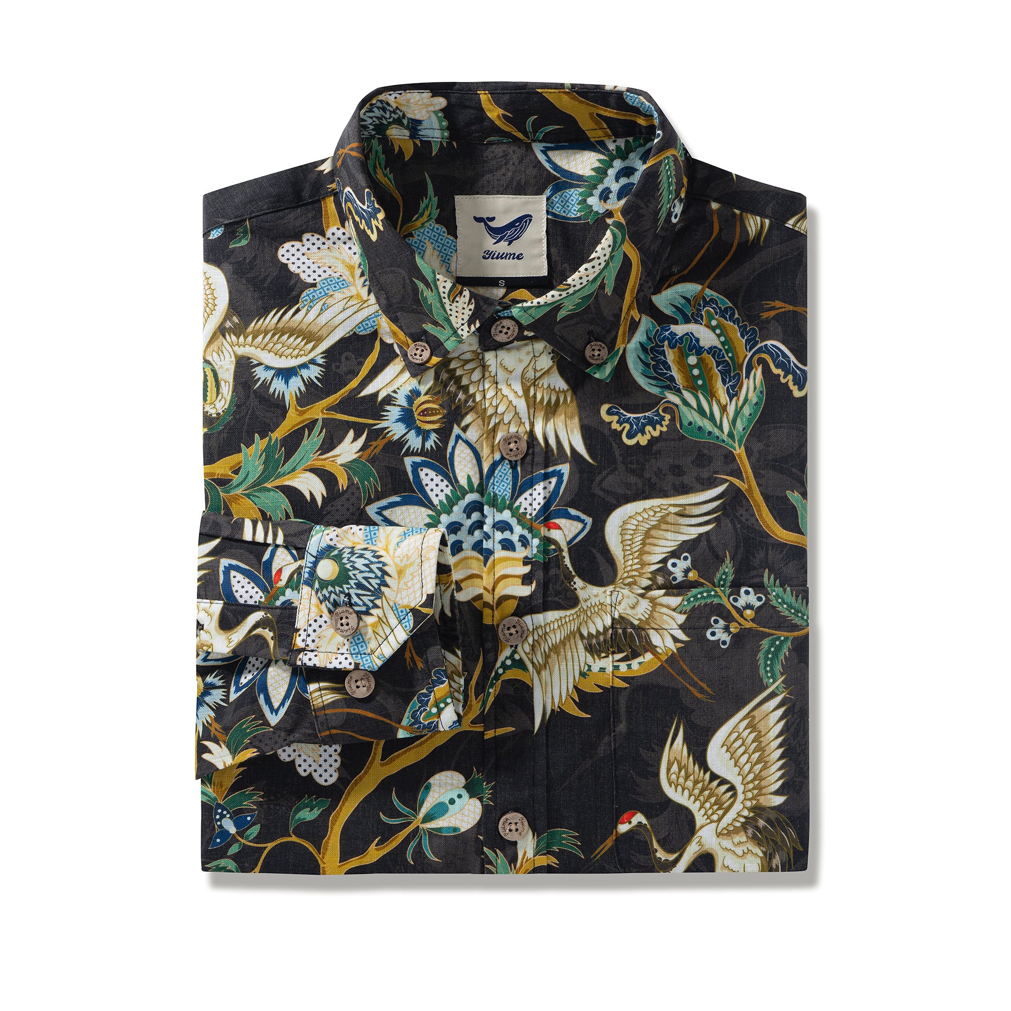 Herren Hawaiian Hemd Crane Eleganz Baumwoll Button Down Long Sleeve Aloha Shirt