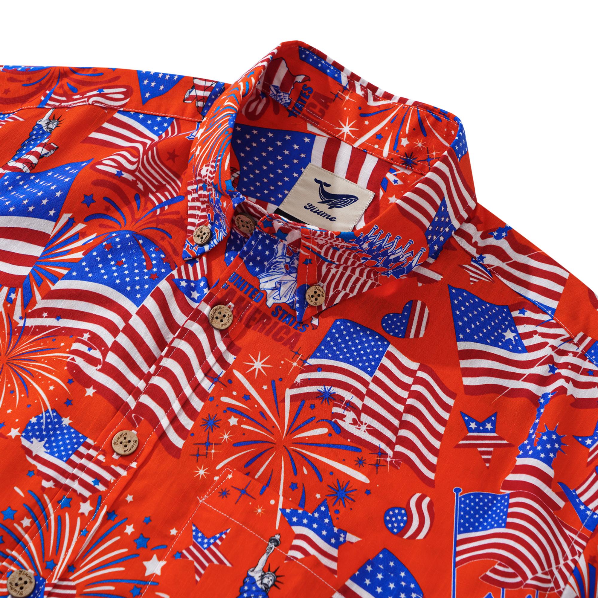 Herren-Hawaiian-Hemd Kurzärmel Button Down 100% Baumwoll weiße Aloha American Feier