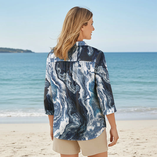 Women Casual Blouse 3/4 Sleeve V-neck Shirt Collar 100% Lyocell Blue Aloha Blue Ocean Vibes