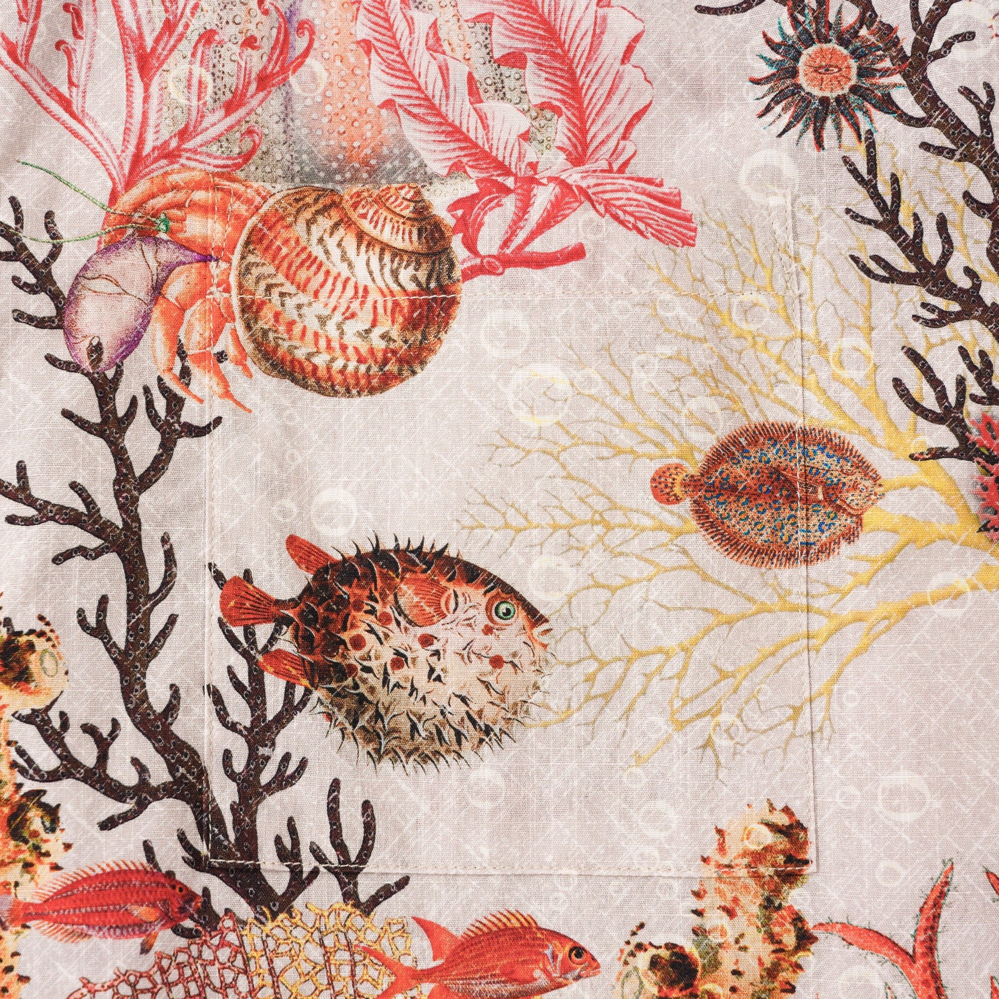 Men's Hawaiian Shirt Short Sleeve Button-down 100% Cotton Beige Aloha Marine Fantasia