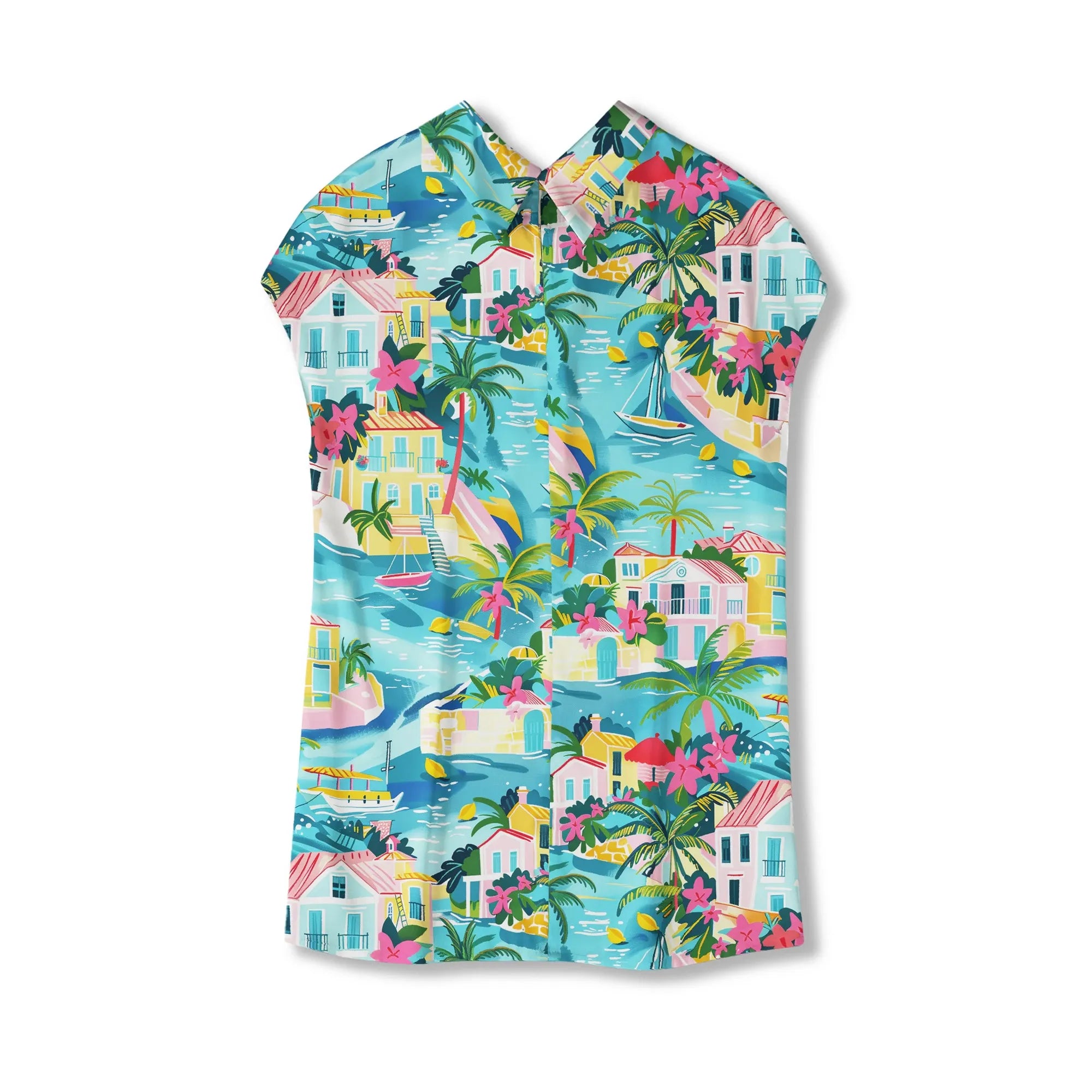 Blue lyocell blouse with tropical bay design