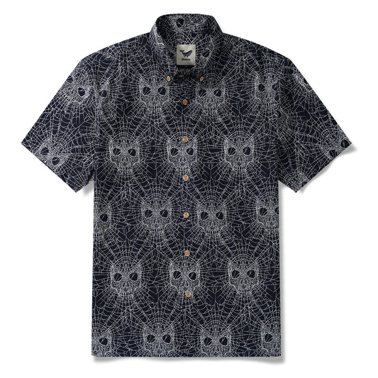 Men's Hawaiian Shirt Short Sleeve Button-down 100% Cotton Black Aloha Gothic Skull Spider Web By Mystic Hearts