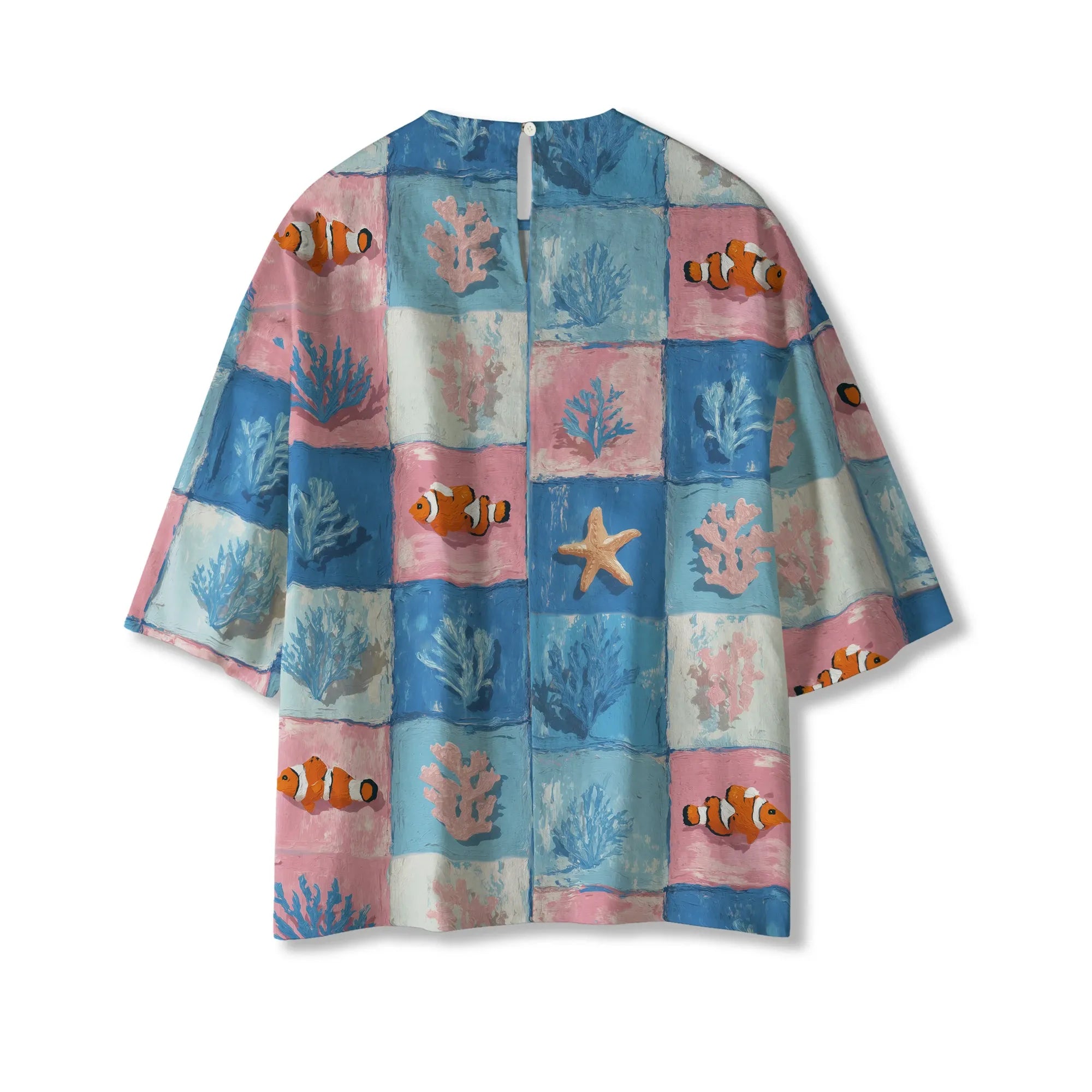Women's art shirt, blue oceanic chessboard, lyocell linen