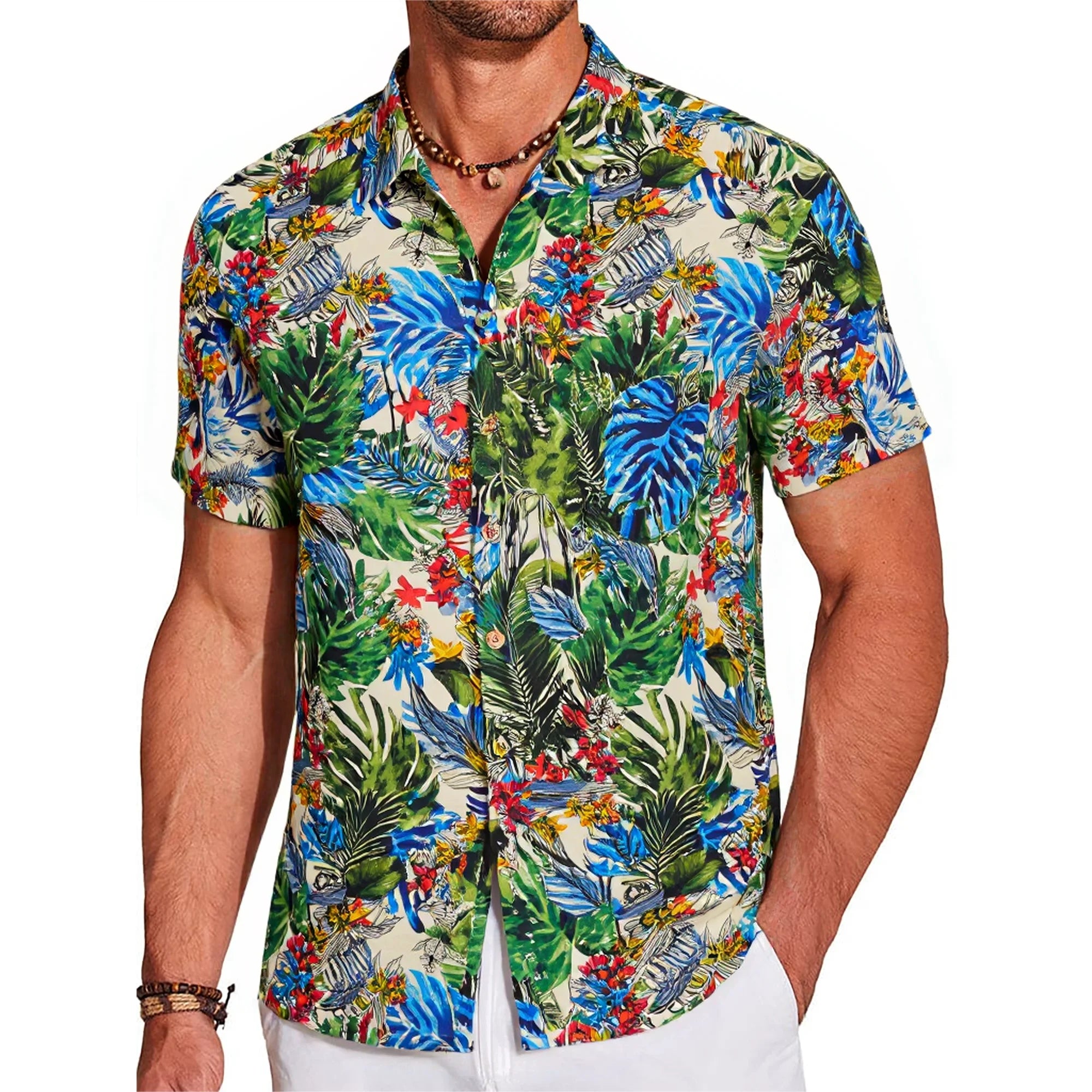 LeosWare® Men's Hawaiian Shirt Short Sleeve Button-up 100% Cotton Green Aloha Tropical Jungle Whispers