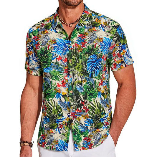 LeosWare® Men's Hawaiian Shirt Short Sleeve Button-up 100% Cotton Green Aloha Tropical Jungle Whispers