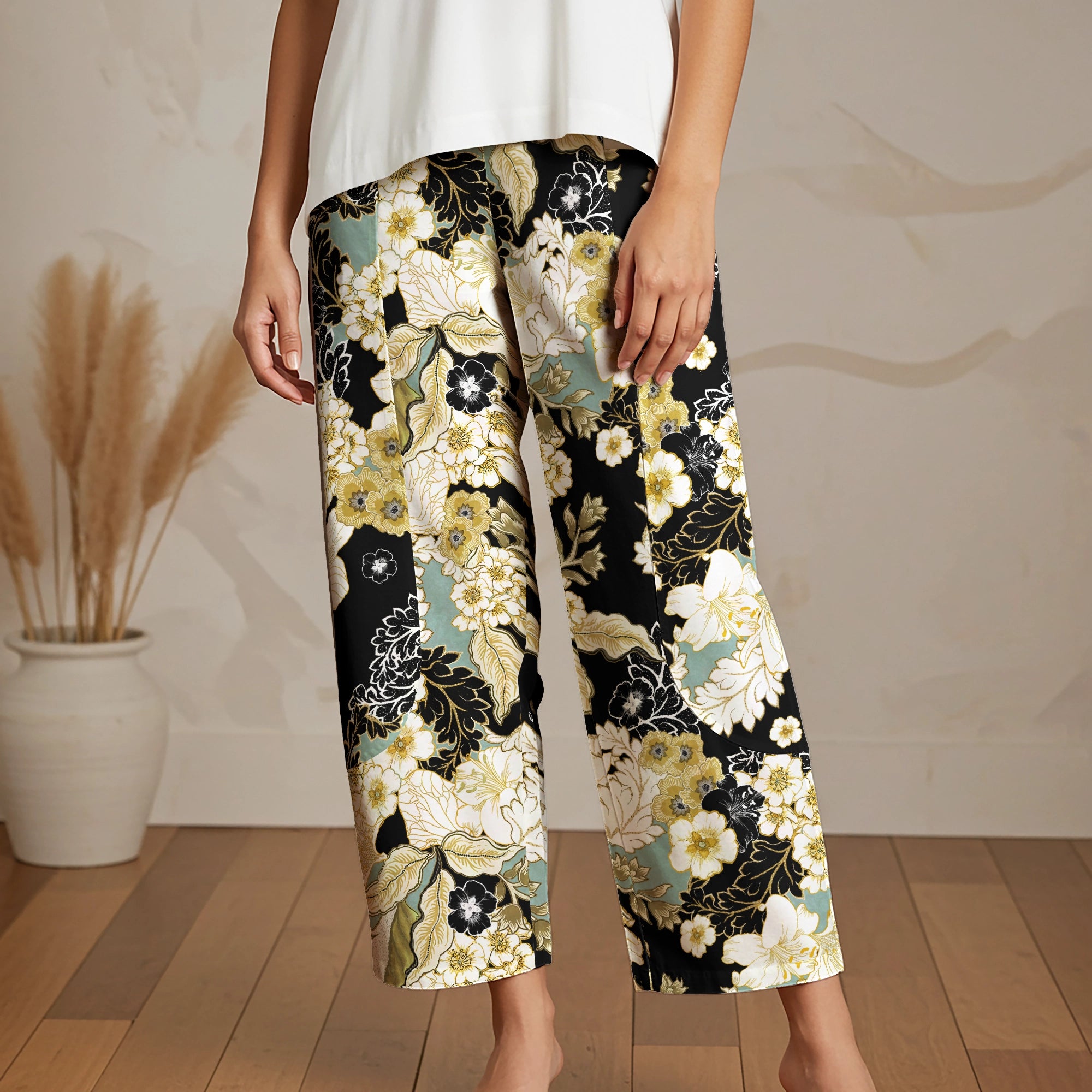 Women Casual Ankle Pants Lounge Elastic Waist with Pockets 93% Lyocell, 7% Linen Black Aloha Golden Floral Design