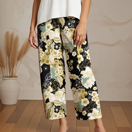 Women Casual Ankle Pants Lounge Elastic Waist with Pockets 93% Lyocell, 7% Linen Black Aloha Golden Floral Design