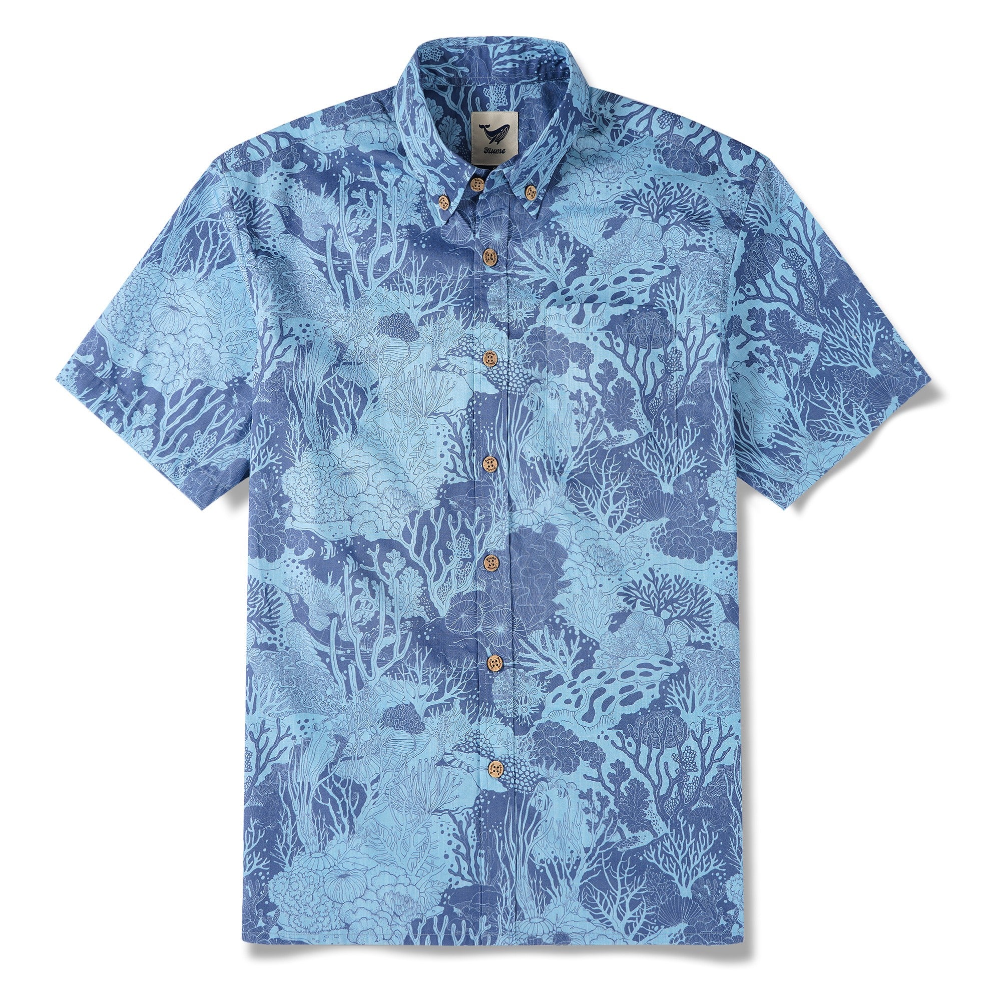 Men's Hawaiian Shirt Short Sleeve Button-down 100% Cotton Blue Aloha Undersea Coral Reef