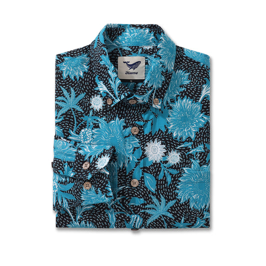 Camisa Hawaiana de Manga Larga para Hombre Girasol Mar 100% Algodón Camisa Aloha con Botones