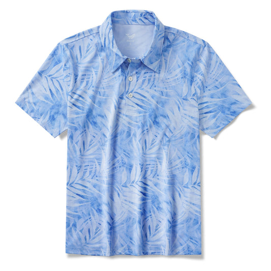 Blue Aloha Tropical Dream Men's Polo Shirt with abstract leaf pattern