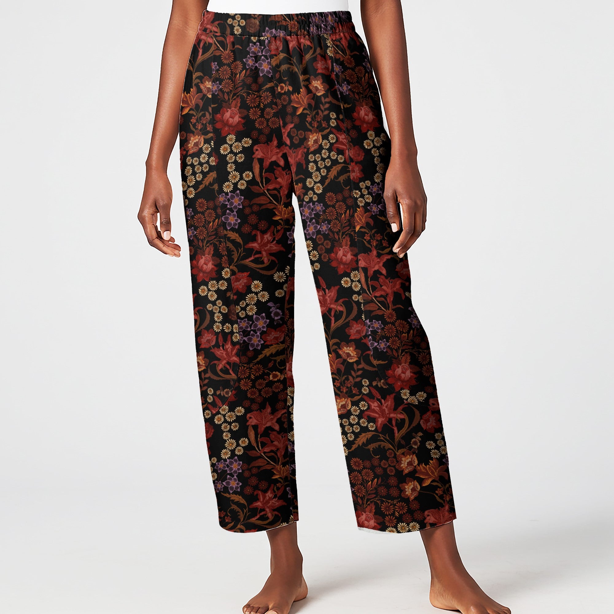 Women Casual Ankle Pants Lounge Elastic Waist with Pockets 93% Lyocell, 7% Linen Red Aloha Dark Floral Legend