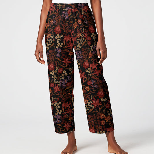 Women Casual Ankle Pants Lounge Elastic Waist with Pockets 93% Lyocell, 7% Linen Red Aloha Dark Floral Legend