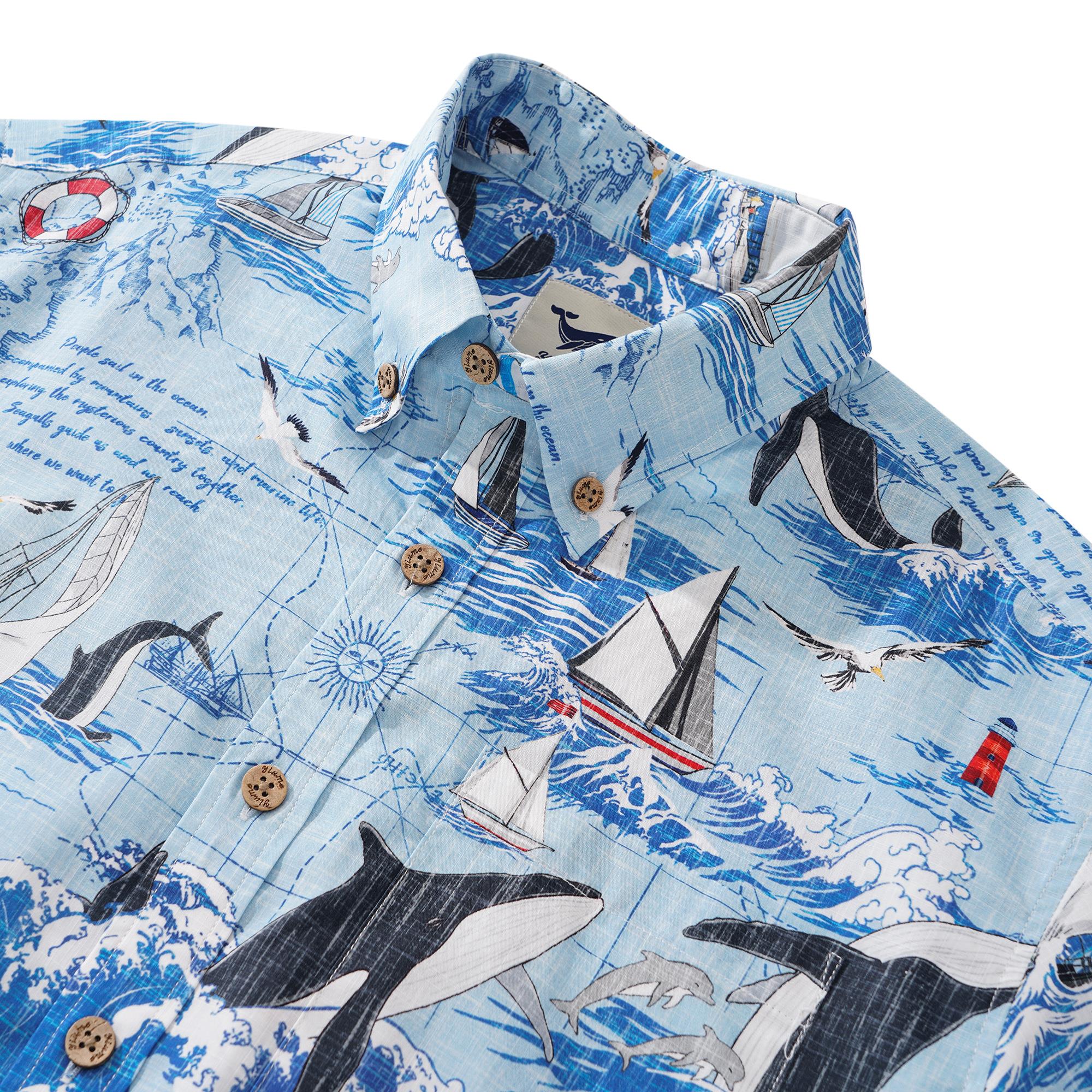 Men's Hawaiian Shirt Short Sleeve Button-down 100% Cotton White Aloha Joyful Ocean