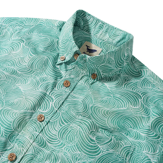 Men's Hawaiian Shirt Short Sleeve Button-down 100% Cotton Green Aloha Ripple Chronicles
