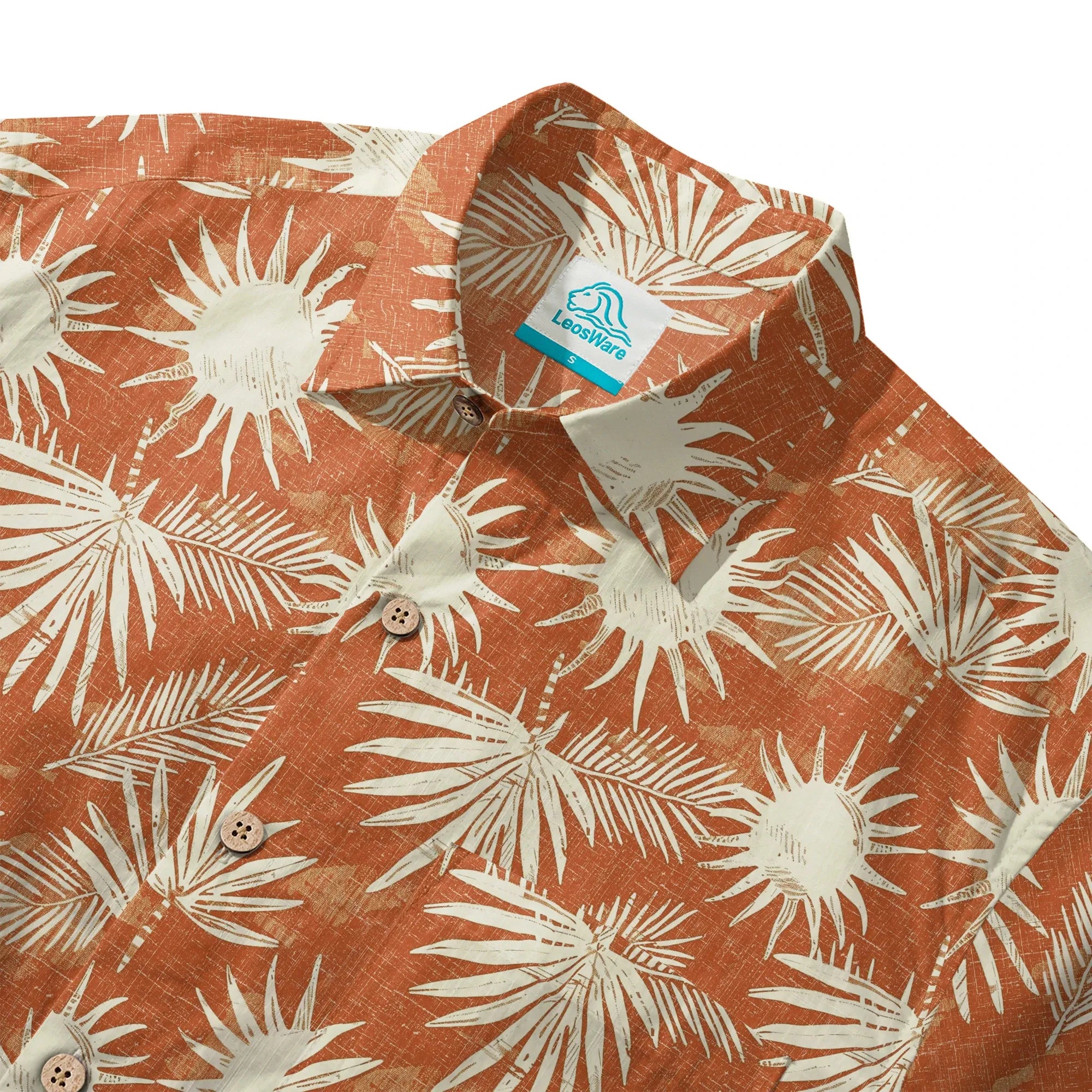 Close-up of coconut leaf pattern on Hawaiian shirt