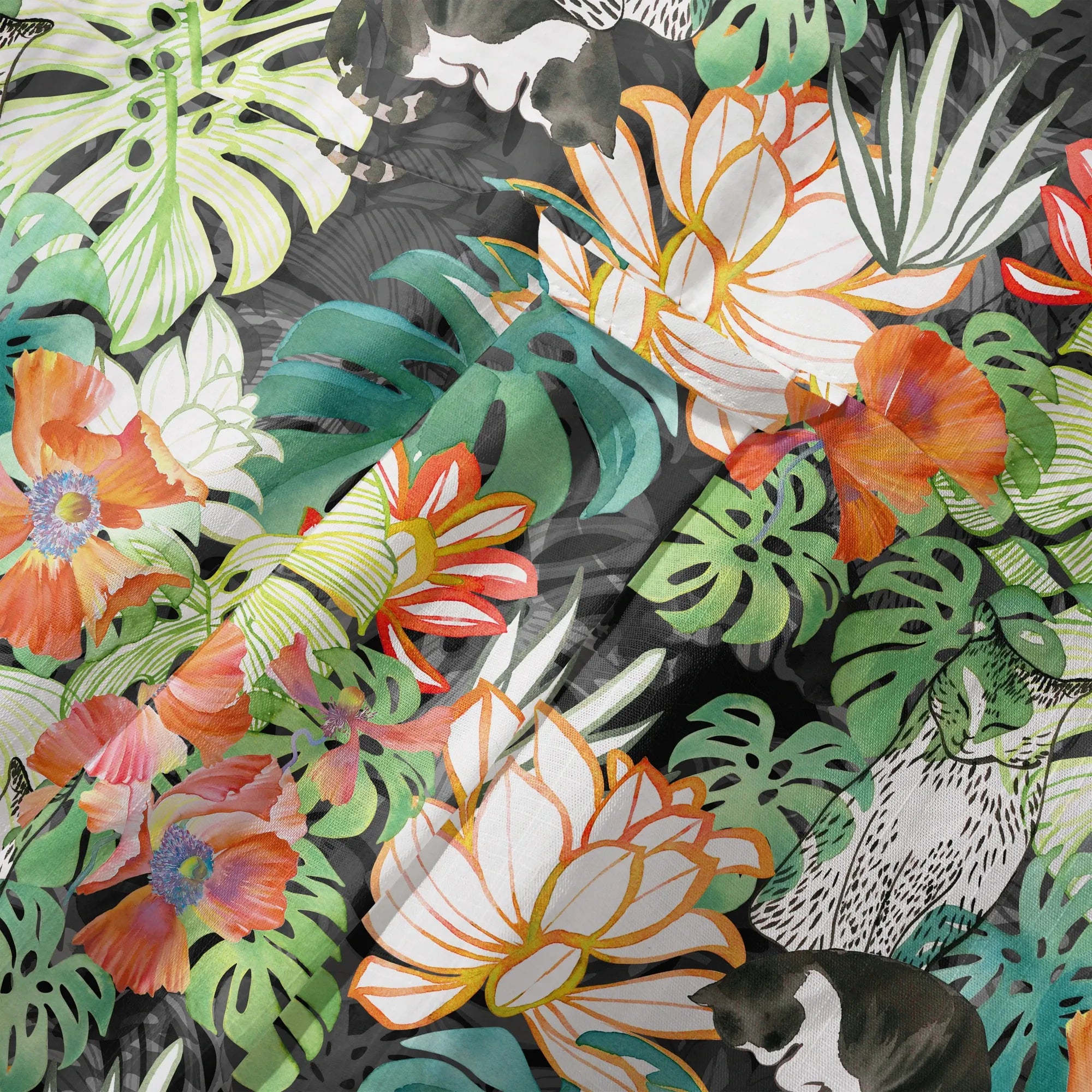 Green aloha shirt featuring cats and foliage
